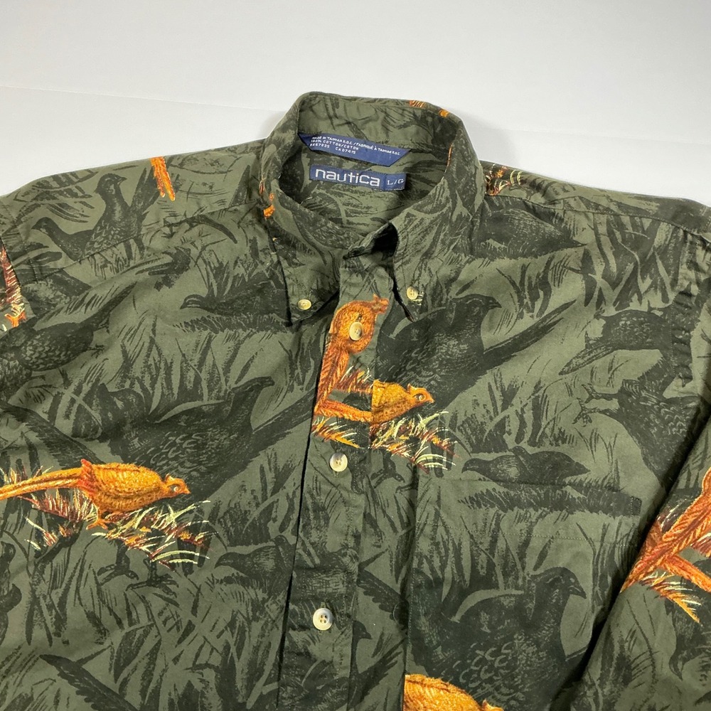 Nautica Button Down Shirt Pheasant Print Long Sleeve‎ Outdoors L
